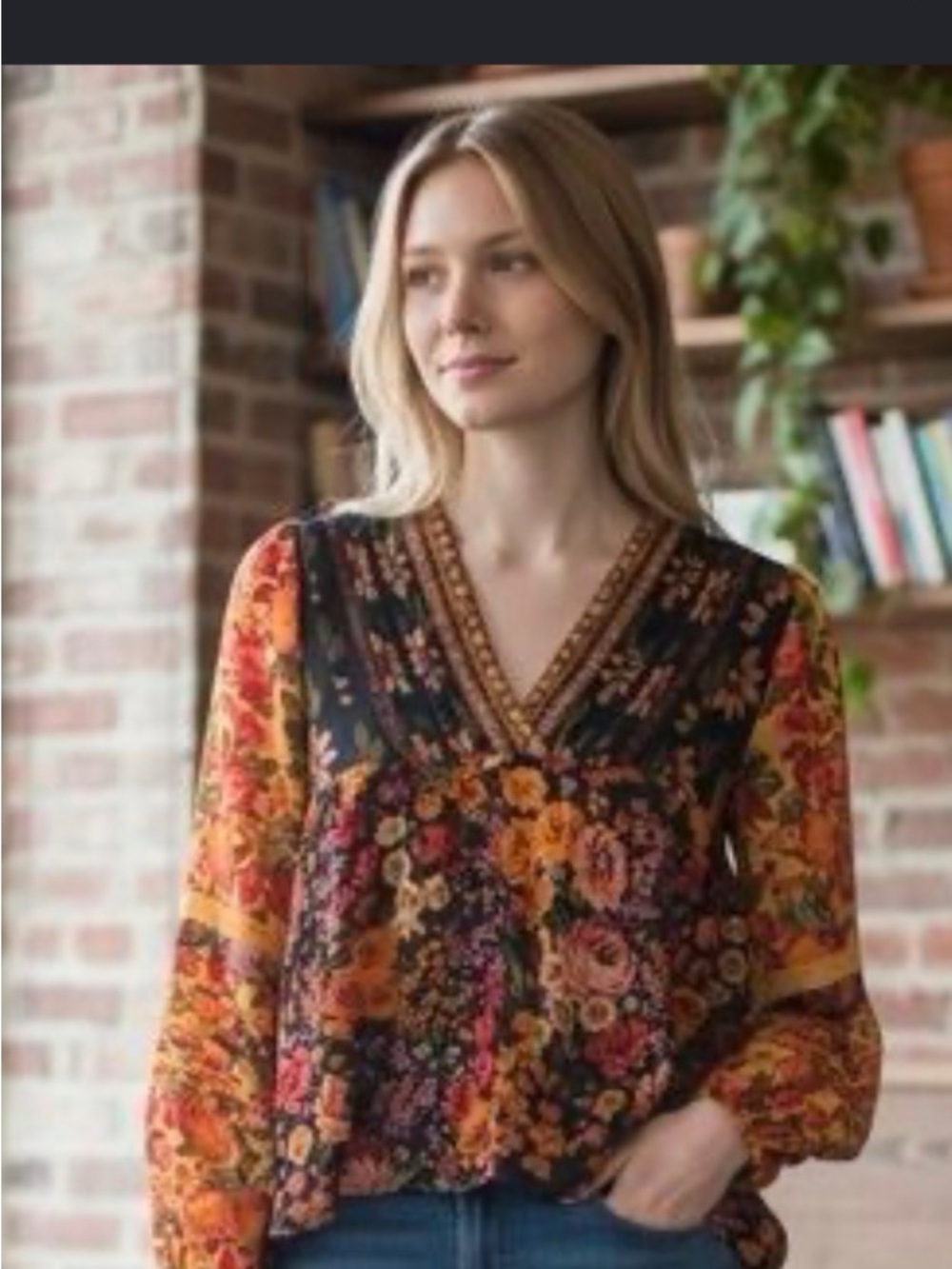 Farm Rio Floral V-Neck Blouse - Black & Orange